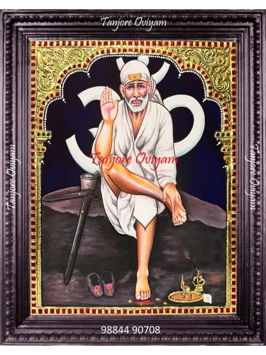Handcrafted Saibaba Tanjore Painting showing Sai Baba in seated posture with Om symbol and gold foil detailing, ideal for home or temple décor